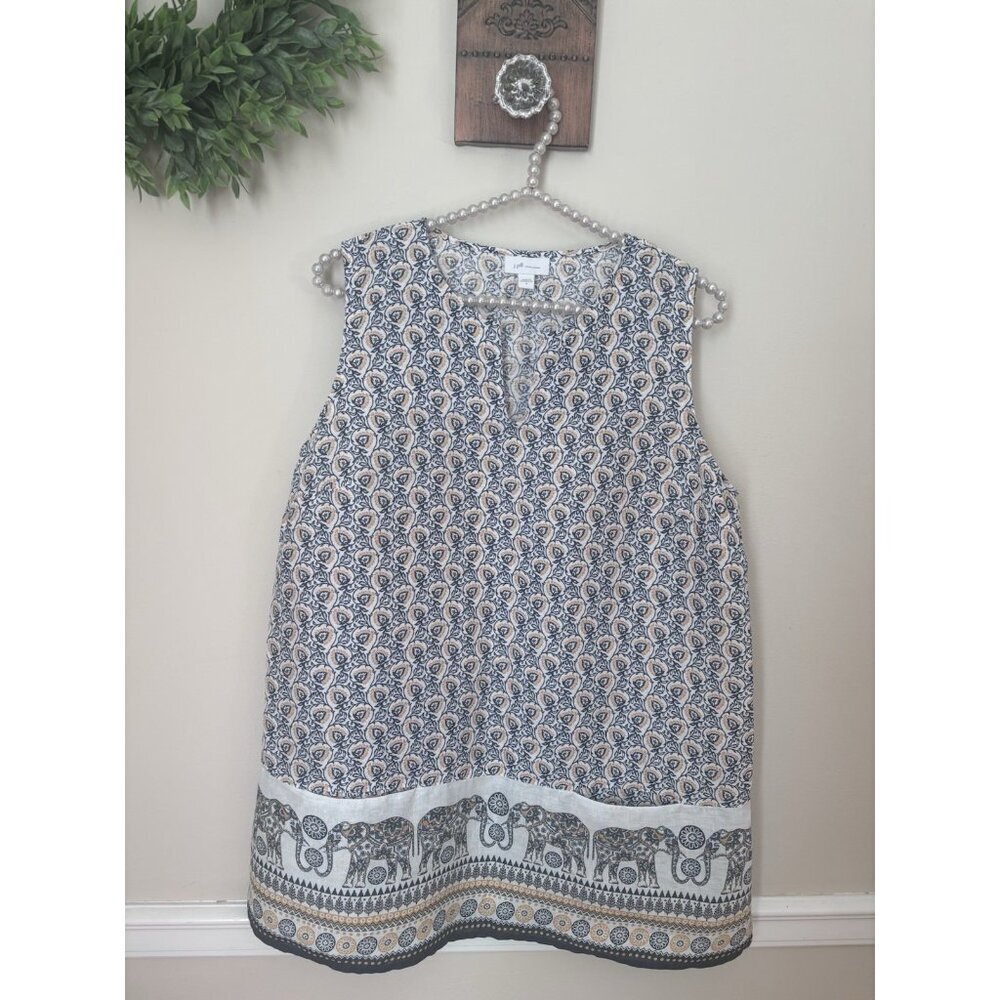 J.Jill Womens Size M Sleeveless 2 Pocket Tunic Top Linen Elephant Border